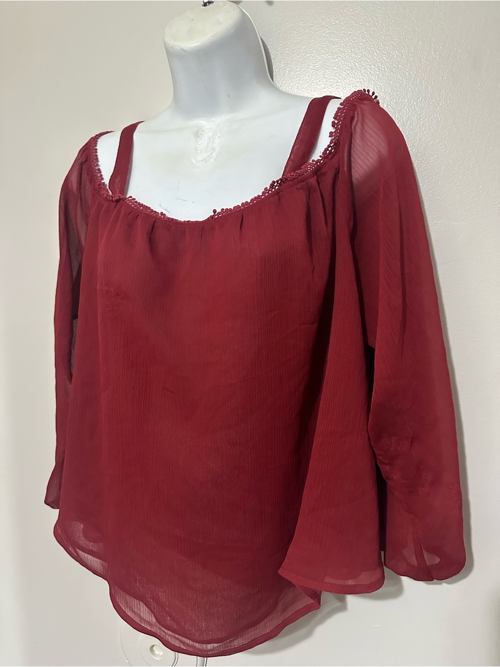 Express Burgundy Sheer Blouse M – Flowy Long Sleeve Boho Chic Top
